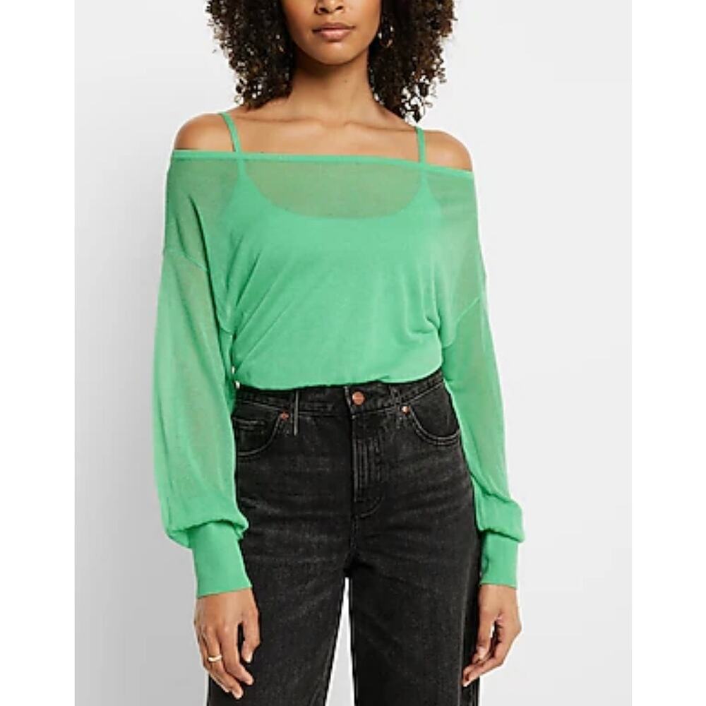 Express‎ Sheer Off the Shoulder Dolman Sleeve Cropped Sweater Sz S Green Y2K